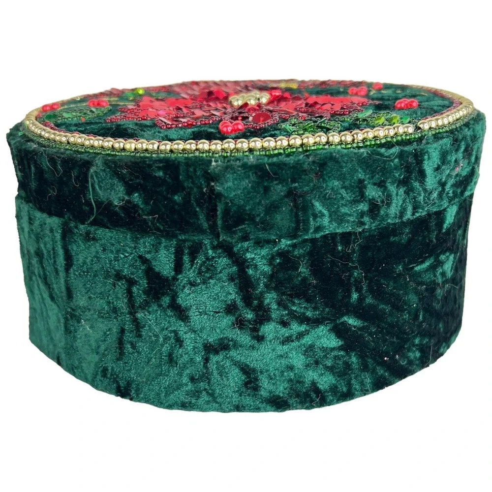 Velvet Gift Box Green Red Sequin Cardinal Poinsettia Round Christmas Red Trinket